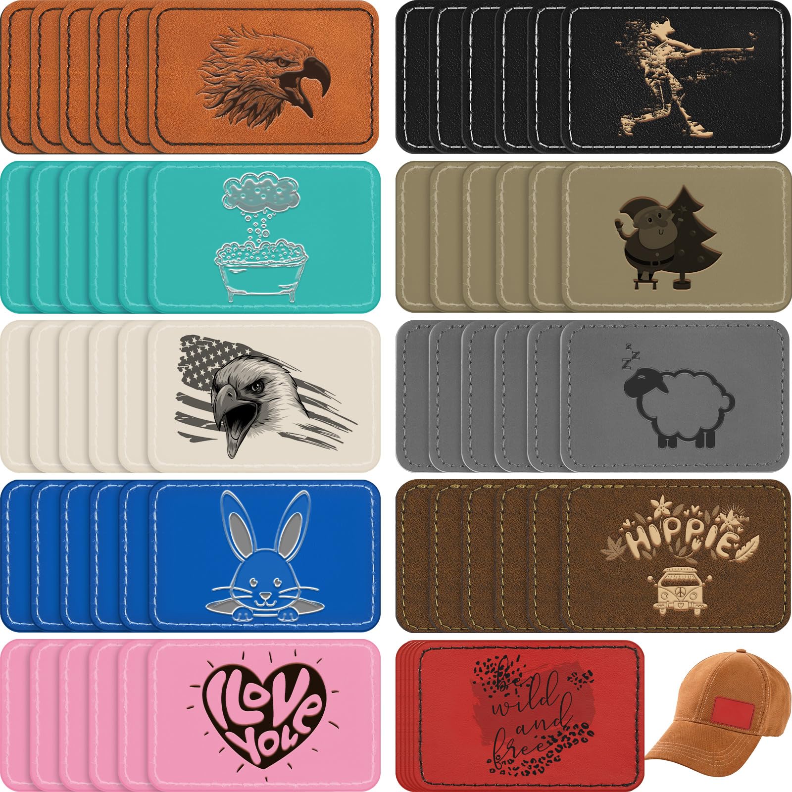 Dunzy60 Pcs Blank Leatherette Hat Patch with Adhesive Rectangle Leather Hat Patches Rustic Faux Iron on for Fabric Repair Custom Sewing Laser Engraving DIY Crafts(Multicolor,3 x 2 Inch)