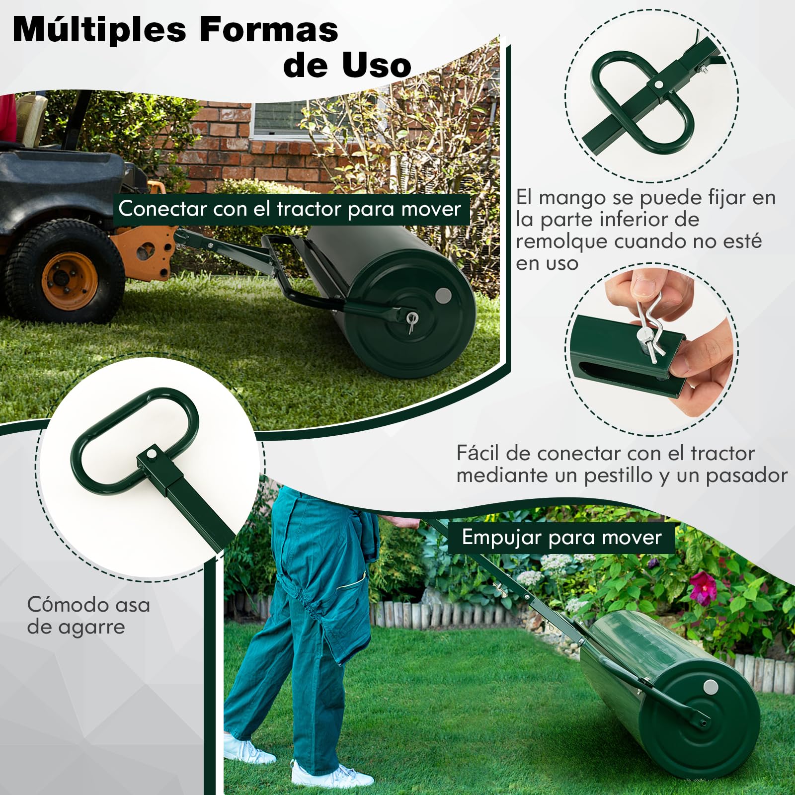 GOPLUS Rodillo de Jardín para Césped 113 L, Rodillo de Jardín de Metal, Relleno con Arena/Agua, Diversos Modos de Uso, Asas de Fácil Agarre, Φ40x90cm (Verde)