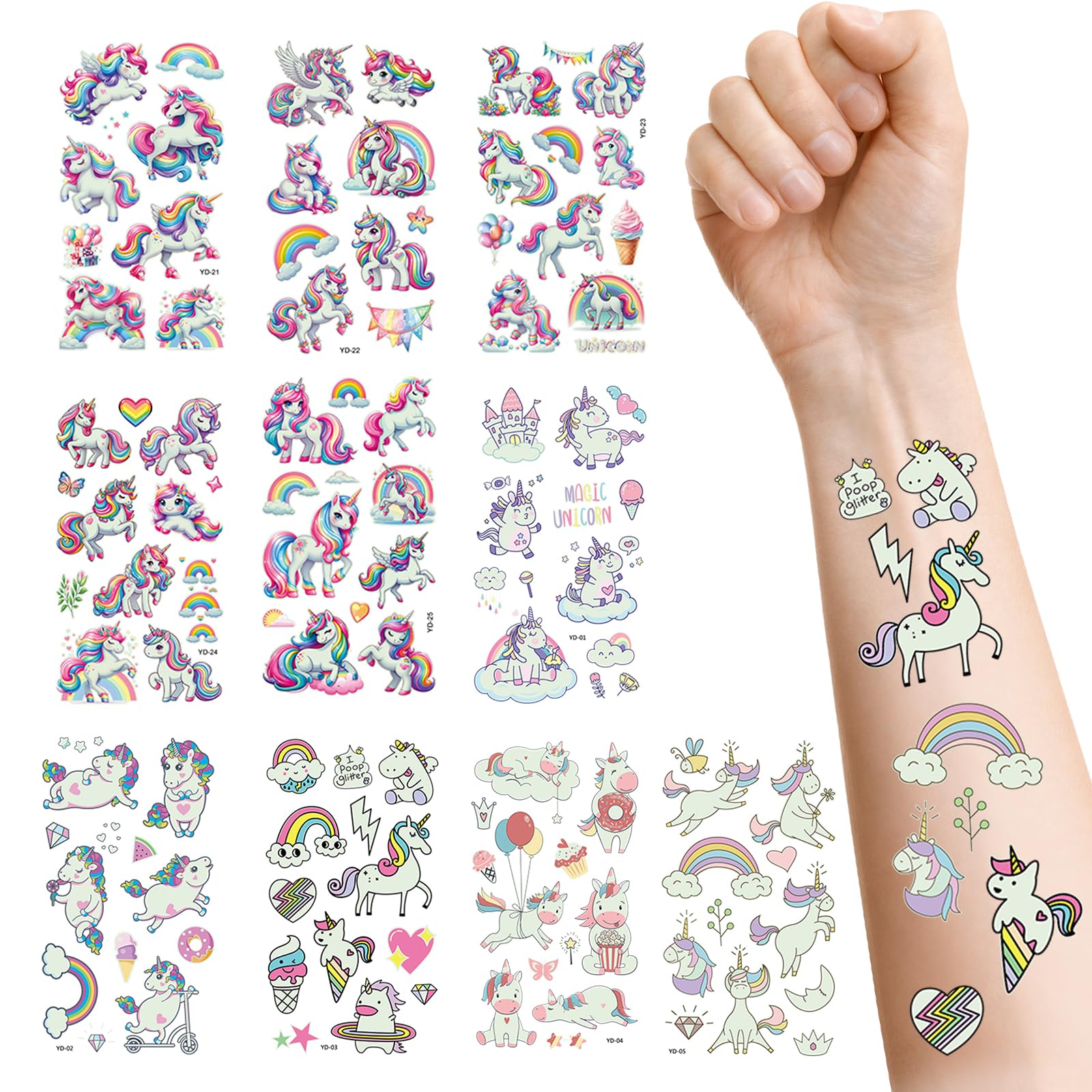 Einhorn Tattoos Mädchen, 10 Blatt Einhorn Sticker, Tattoos für Kinder Tattoo Hautfreundlich, für Mädchen Geburtstag Geschenke, Party Deko, Schultüte Füllung, Geschenke Adventskalender (Unicor)