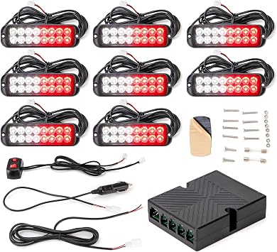 Red White LED Strobe Lights Kit - 8PCS 16-LED Emergency Flashing Warning Caution Hazard Hazard 12V Sync Feature Ultra Slim Surface Mount for Firefighter Construction Trucks Vehicles Cars ATV