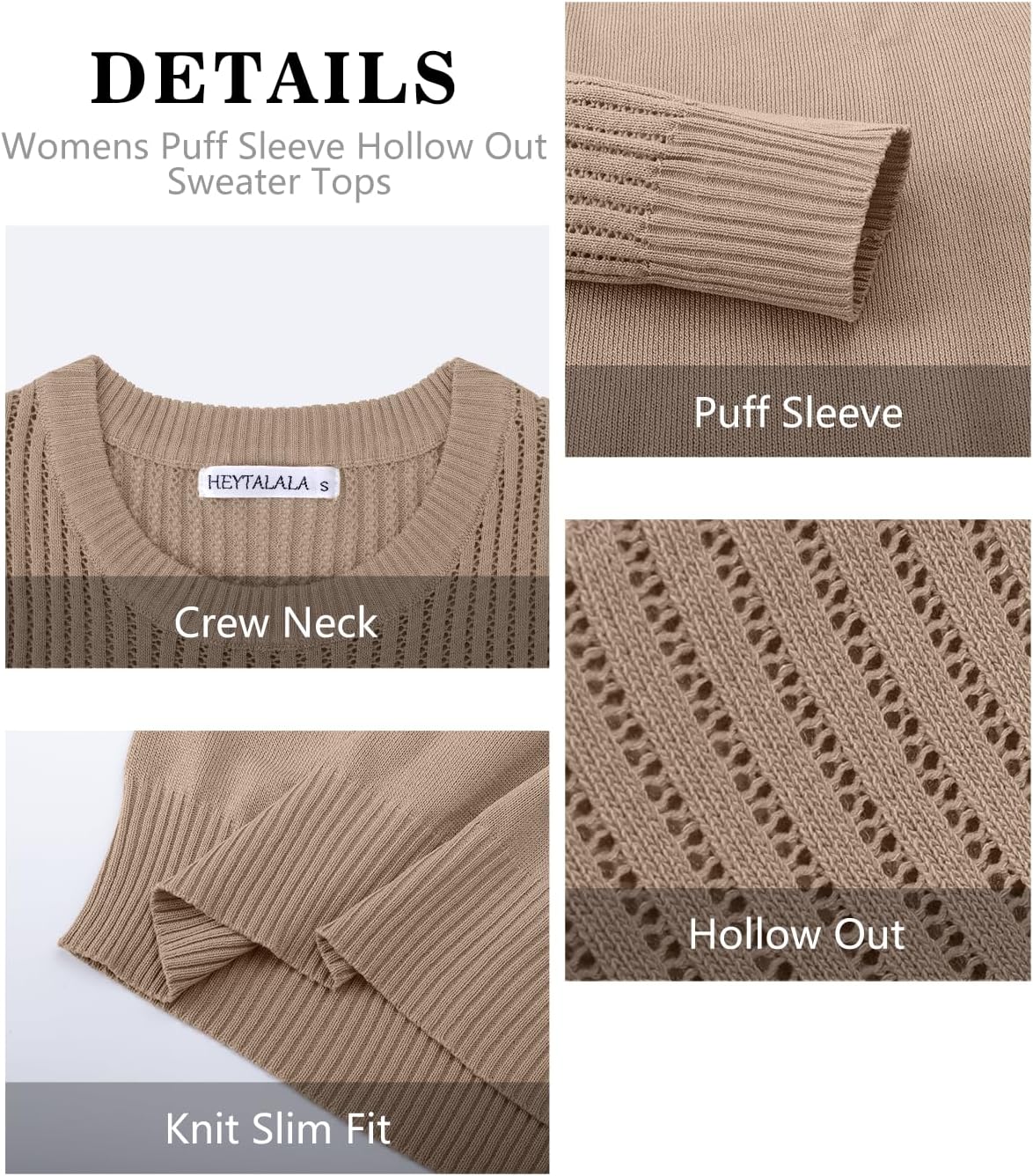 Womens Puff Sleeve Hollow Out Sweater Tops Crewneck Neck Long Sleeve Knit Slim Fit Blouse Elegant Basic Tee Tops - Image 5