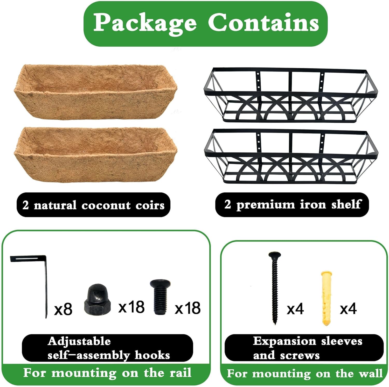 2 Pack 30 Inch Window Box Deck Railing Planter with Coco Liner Fence Balcony Patio Long Window Flower Box Deck Railings Hanging Horse Trough Balcony Garden Rail for Outdoor Garden Fence Lawn