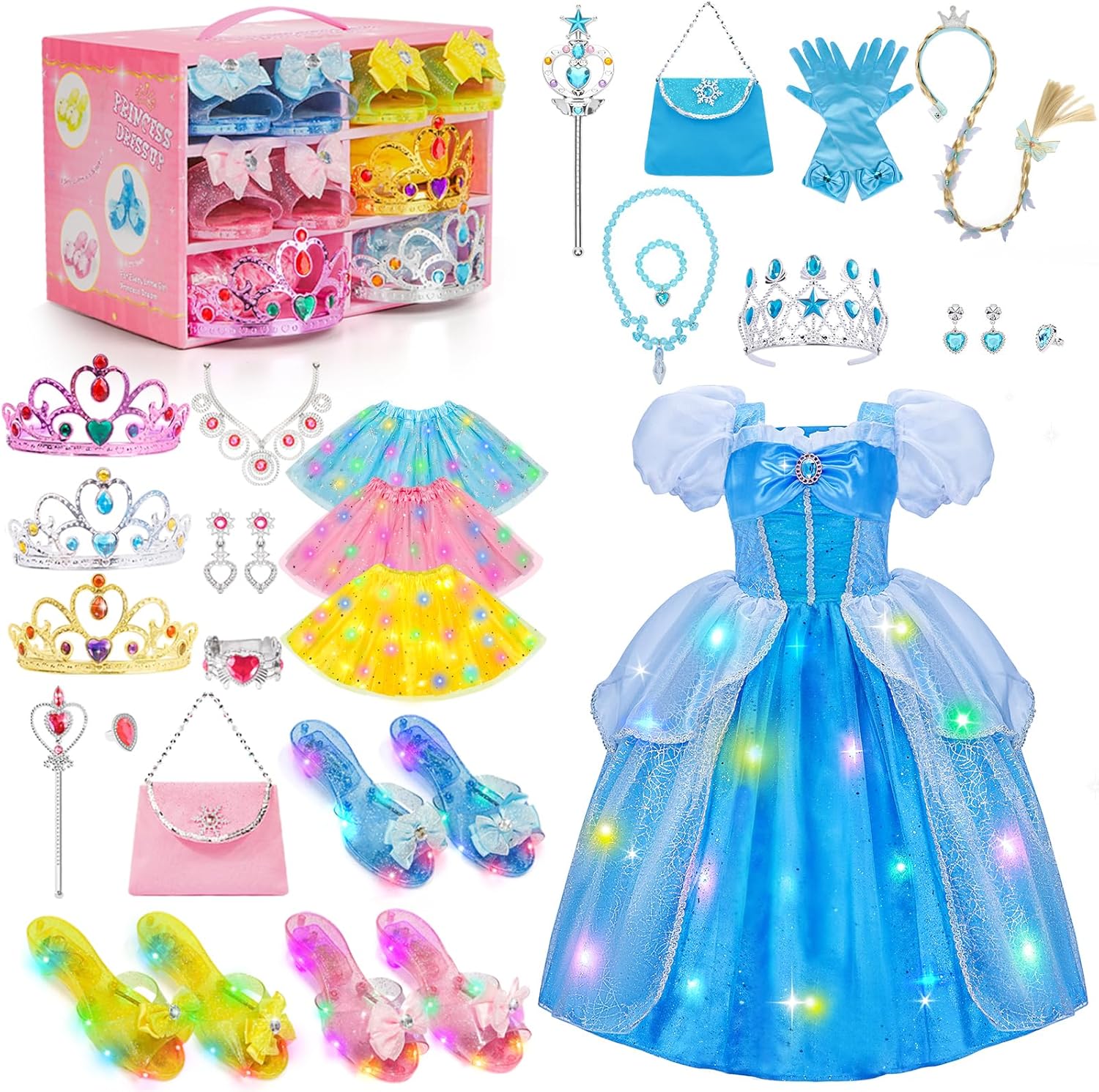 Meland Light Up Princess Dress Up Shoes Trunks - Dress Up Clothes for Girls Age 3-10 Year Old with Purse, Princess Toys