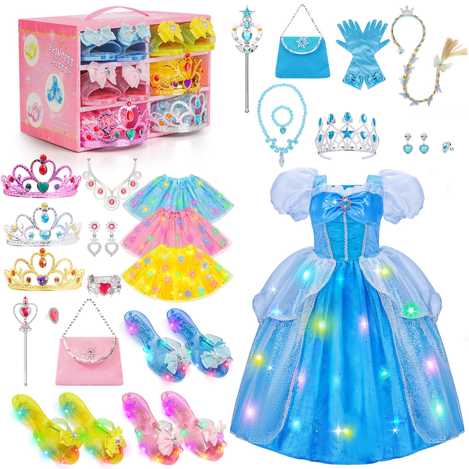 Meland Light Up Princess Dress Up Shoes Trunks - Dress Up Clothes for Girls Age 3-10 Year Old with Purse, Princess Toys