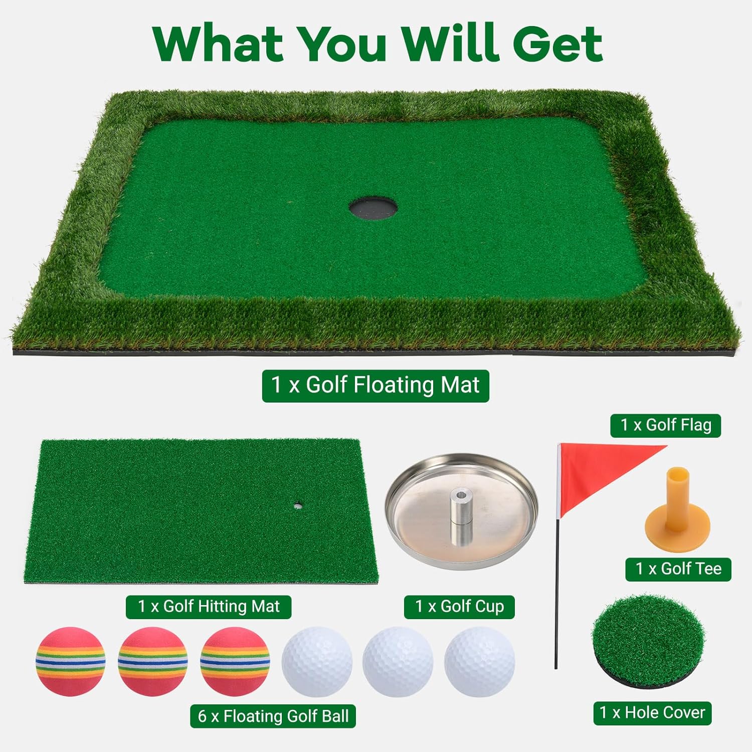 ULTIMATE Floating Golf Green for Pool, Floating Chipping Green Mat w/Hitting Mat, Golf Balls, Flag and Tee for Golf Practice, Golf Putting Mat for Golf Game (Rectangular, 47" x 35.5")