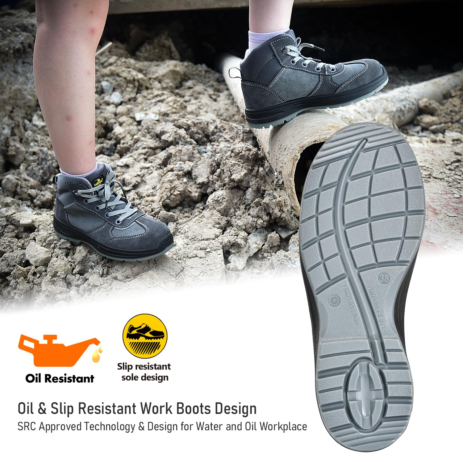SAFEYEAR Safetoe - Botas de trabajo de seguridad para mujer, con parte superior de piel de vaca resistente al agua, puntera de acero y entresuela de acero antiuñas, cómoda plantilla de gel resistente,