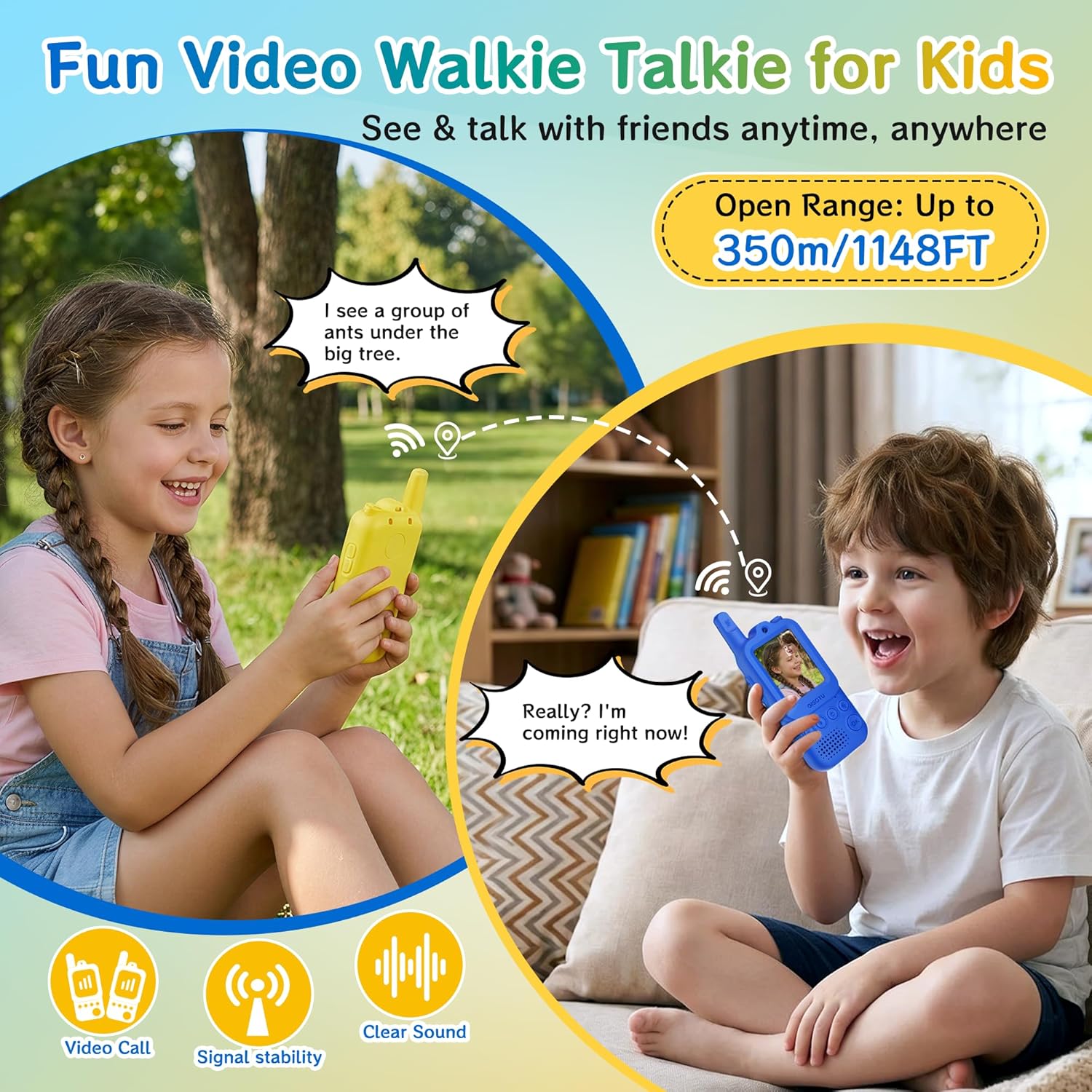 Kids Video Walkie Talkies 2 Pack with Chat Hub - Send Voice Messages, Photos & Emoji, Rechargeable 1150ft Long Range Intercom Toys with Voice Changer, Sticker Effects & 3 Games, Gift for Ages 3-12
