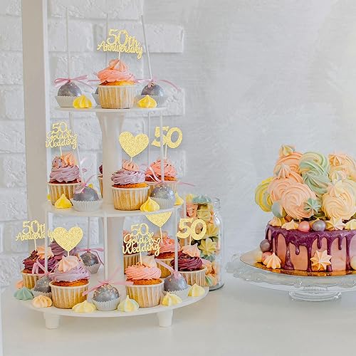 Miniatura 5 de Gyufise 24 adornos dorados para cupcakes de aniversario de boda 50 con purpurina dorada para decoración de pastel de corazón para celebración, 50