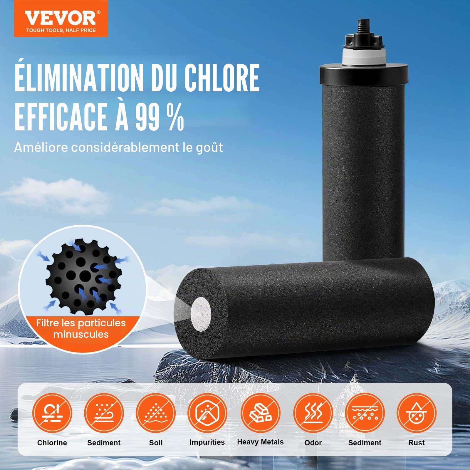 VEVOR Système de Filtration d'Eau par Gravité 8,5 L, Filtre à Eau par Gravité Réduction du Plomb et jusqu'à 99% du Chlore, en Inox 304, avec 2 Filtres à Charbon, Robinet et Niveau d’Eau, Camping