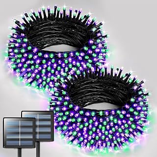 JMEXSUSS 2 Pack Solar Halloween Lights, Tot. 400LED 151FT, Purple and Green