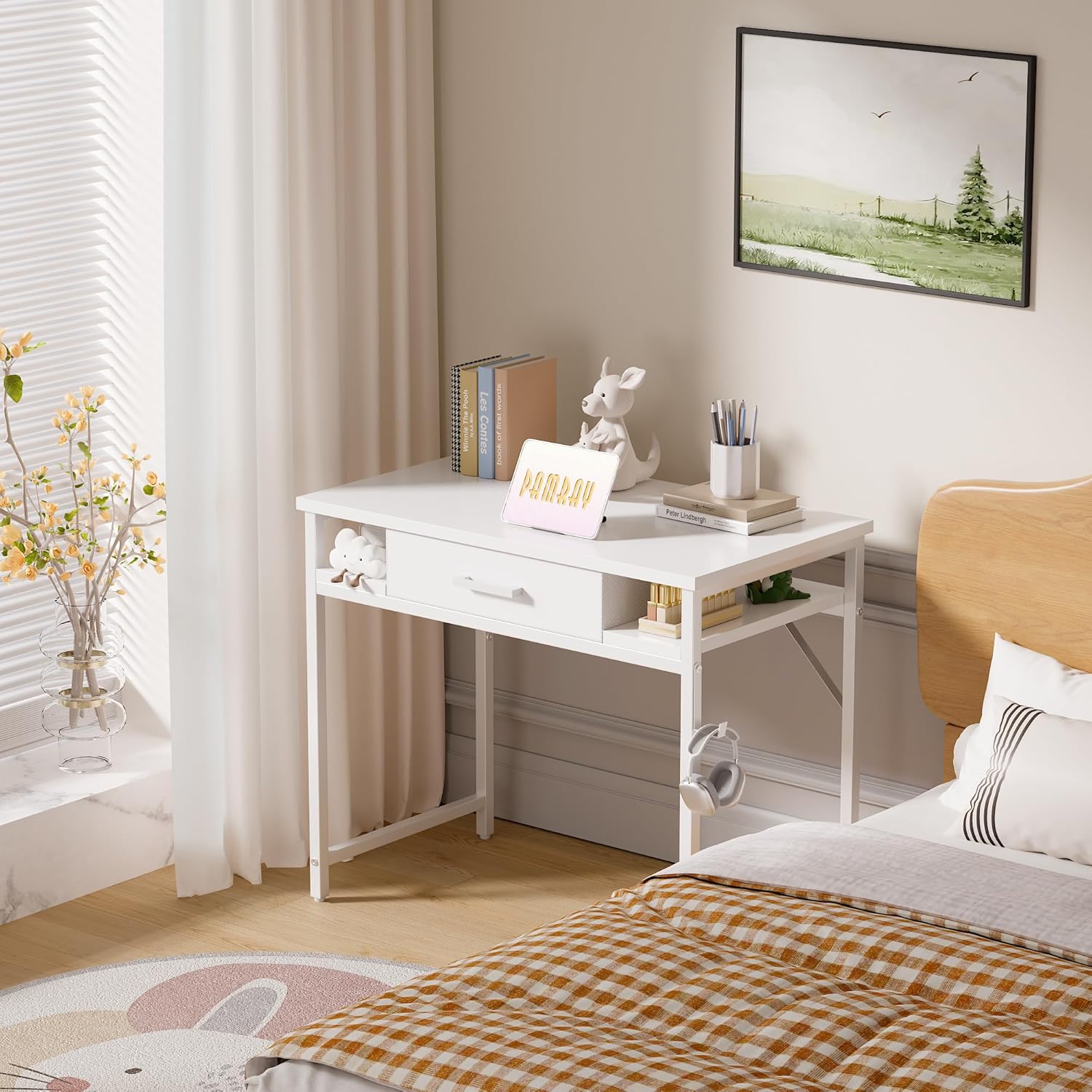 Pamray 32 Inch Small Computer Desk with Drawer and Shelves Simple Study Work Table for Bedroom White White 32 inch