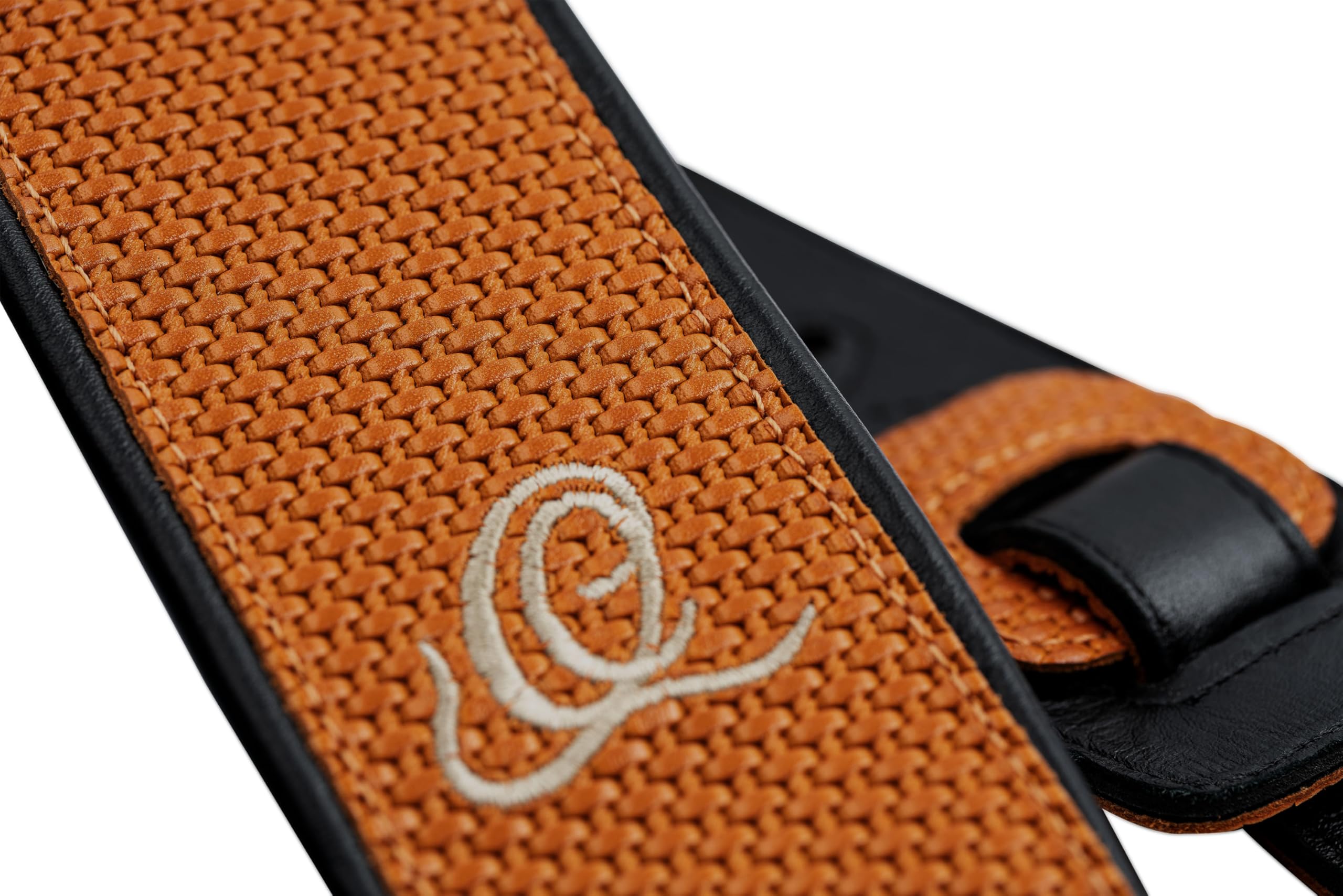 Ortega Guitars Gitarrengurt Länge Verstellbar - Akustik Gitarre / Bass, E-Gitarre, E-Bass - Custom Series - Echtleder, Orange Braid (OSCU-6)