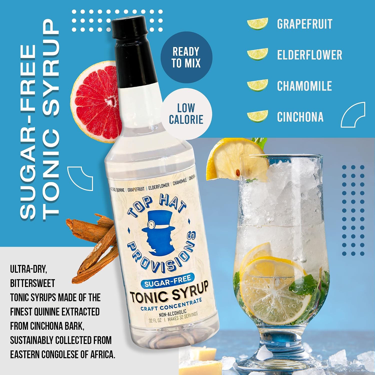 Top Hat Keto Sugar Free Tonic Syrup - 5x Diet Tonic Water Quinine Concentrate - Organic Monk Fruit - Craft Soda Mixer for Skinny Cocktail Drinks - Just Add Seltzer Water - 32oz Bottle