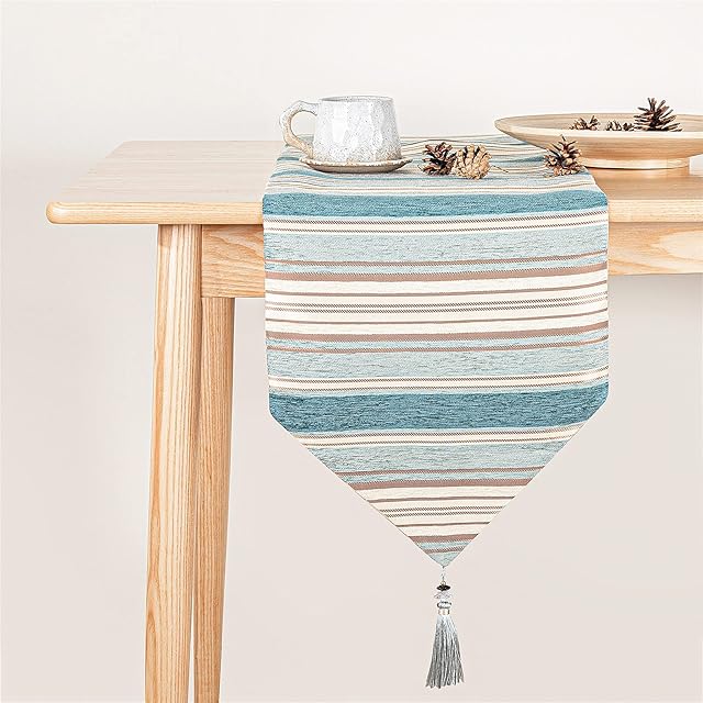 Topfinel 6ft Teal Table Runner Cloth with Luxury Grey Striped Navy Tassel Decoration for Wedding Dinner Party 13x71 Inch, 33x180cm