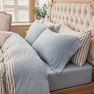 PURE ERA Jersey Knit 4pc Bed Sheet Set 100% T-Shirt Heather Cotton Super Soft Comfy Breathable Fits Mattress Up to 20" Extra Deep Pocket (Solid Light Blue, King)