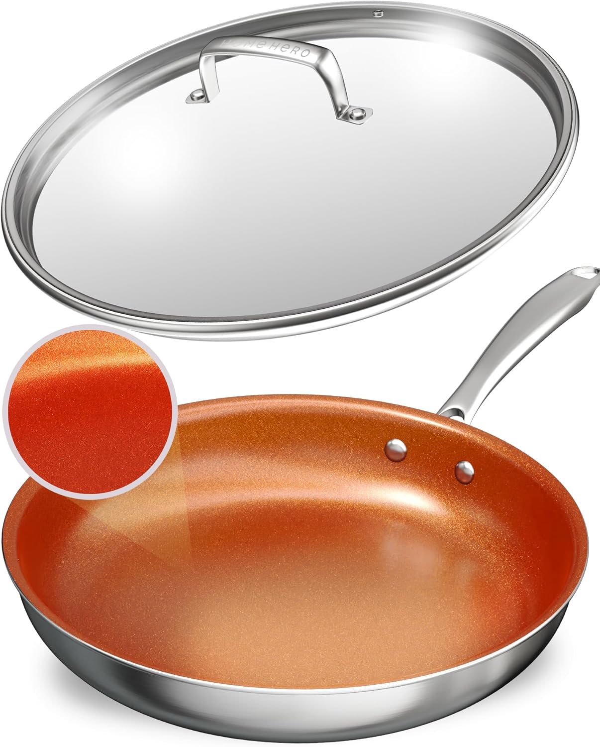 Home Hero LuxeClad Hybrid Nonstick Frying Pans - Dishwasher & Oven Safe Skillet - Induction Compatible w/All Cooktops Honeycomb Pan - Stainless Steel Non Stick Pan with Lid (Copper 11-Inch) - Amazon product rated Grade A