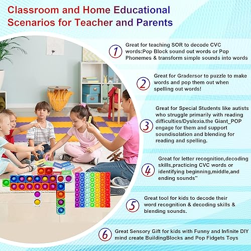 Miniatura 5 de 28 bloques sensoriales antiestrés para reventar, multisensorial, diversión de lectura y juegos de fonética. Burbuja gigante de silicona arcoíris y