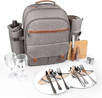 Sunflora Insulated Picnic Backpack for 2 Person Bag with Cooler Compartment, Wine Pouch, Cover and Cutlery Set in Steel
