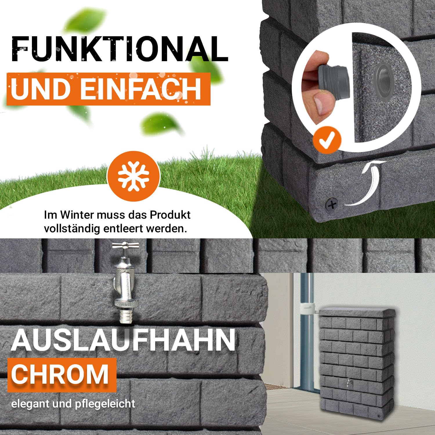 GARANTIA Rocky Junior Regentonne Wandtank Komplett-Set 300 Liter | Dark Granite inkl Chrom-Auslaufhahn und Fallrohranschluss Steinoptik für den Garten dekorativ an der Hauswand für Regenwasser
