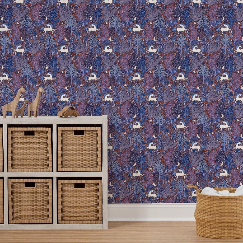 Peel & Stick Wallpaper 6ft x 2ft - Unicorns Forest Flowers Floral Unicorn Horses Scandinavian Folk Custom Removable Wallpaper by Spoonflower