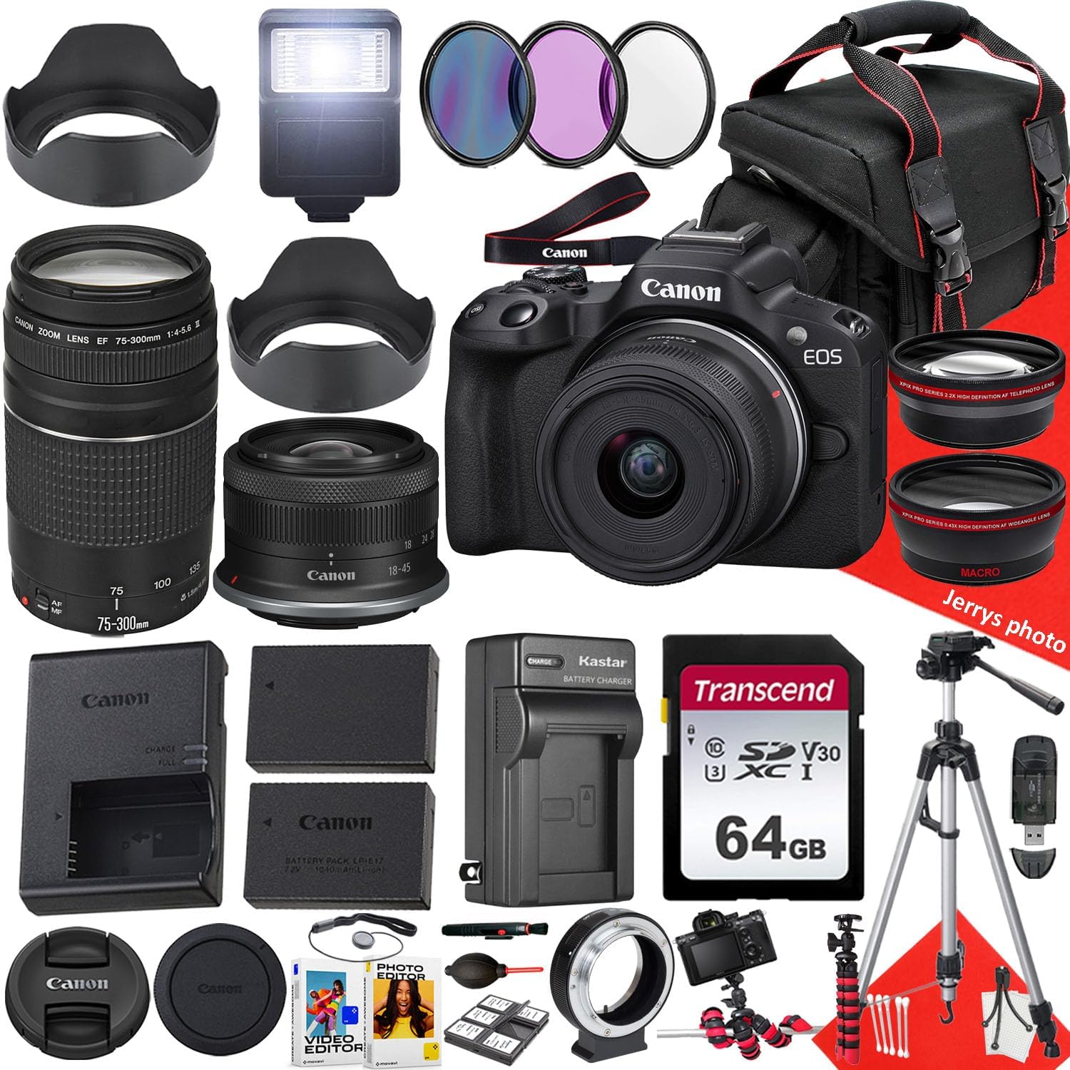 Canon EOS R50 Mirrorless Camera with RF-S 18-45mm f/4.5-6.3 is STM and EF 75-300mm f/4-5.6 III Lens + 64 GB Memory + Extra Battery + Battery Charger + Filters + Tripod + More (31pc Bundle) (Renewed)