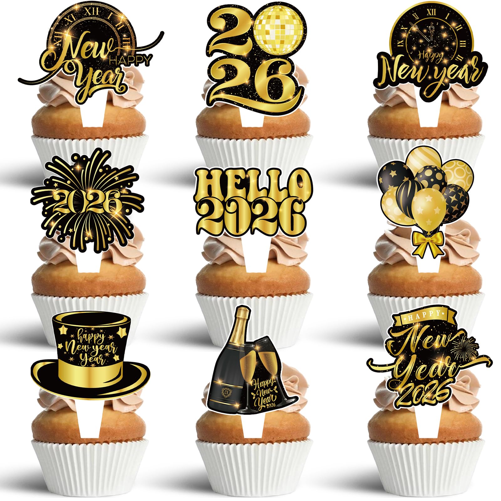 2026 New Year Cake Topper, 36Pcs Black Gold Elegant Cupcake Toppers for New Year's Eve Party Decoration Supplies