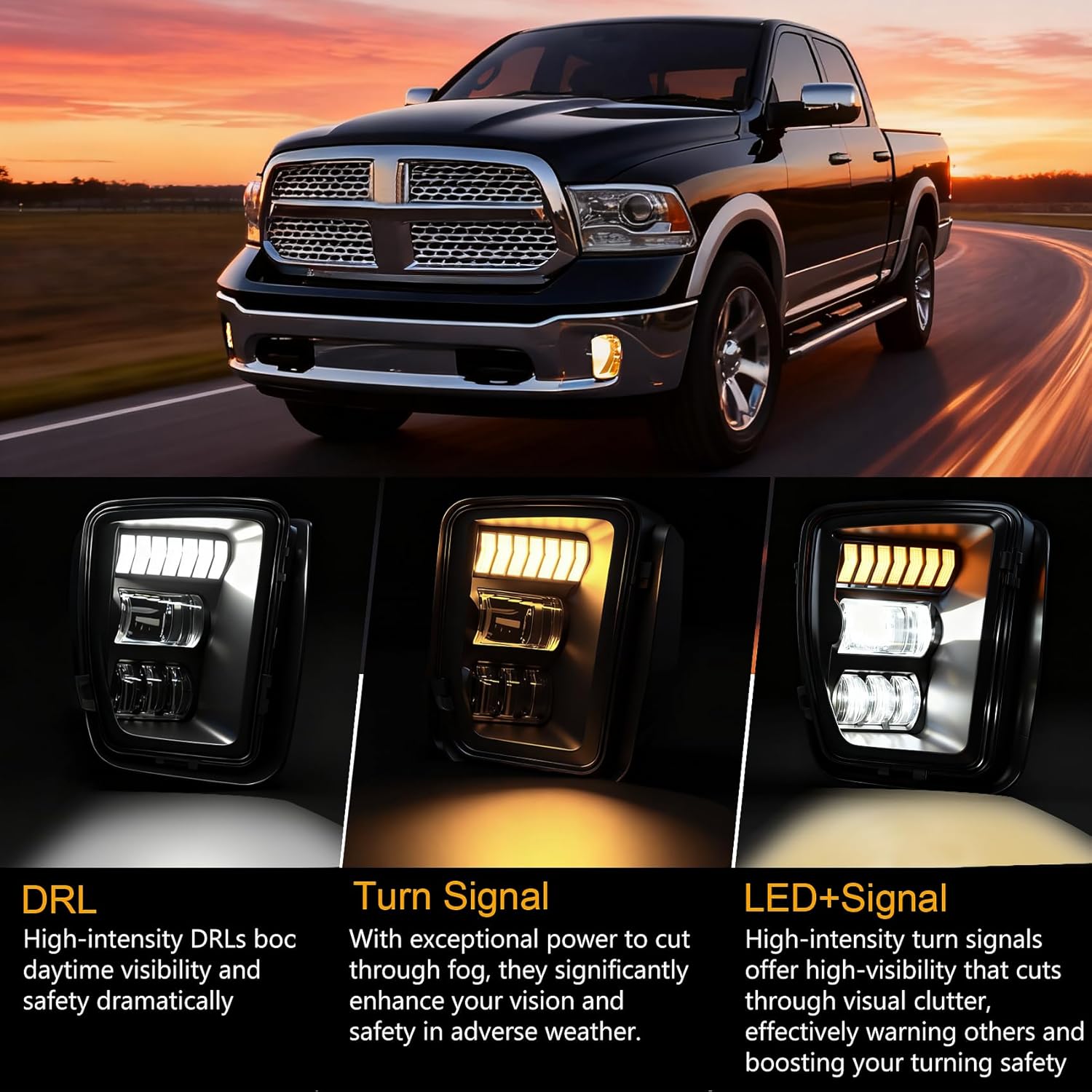 LED Fog Light Assembly with DRL Turn Signal, Front Driving Lamps Kit Compatible with 2013-2018 Dodge Ram 1500 & 2019-2021 Ram 1500 Classic DOT/SAE Compliant Driver & Passenger Side