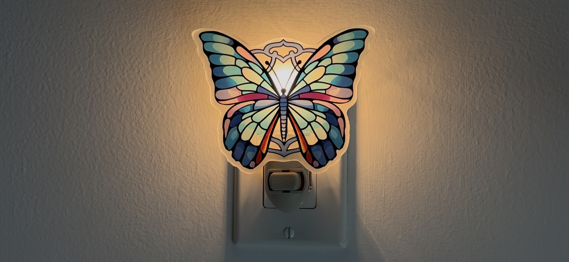 Image of Butterfly Night Light - Stained Glass Styled Plug-in Wall Light for Vertical Outlets - Real Glass, Warm Glow for Bedroom, Bathroom, Hallway - Gift for Butterfly Lovers