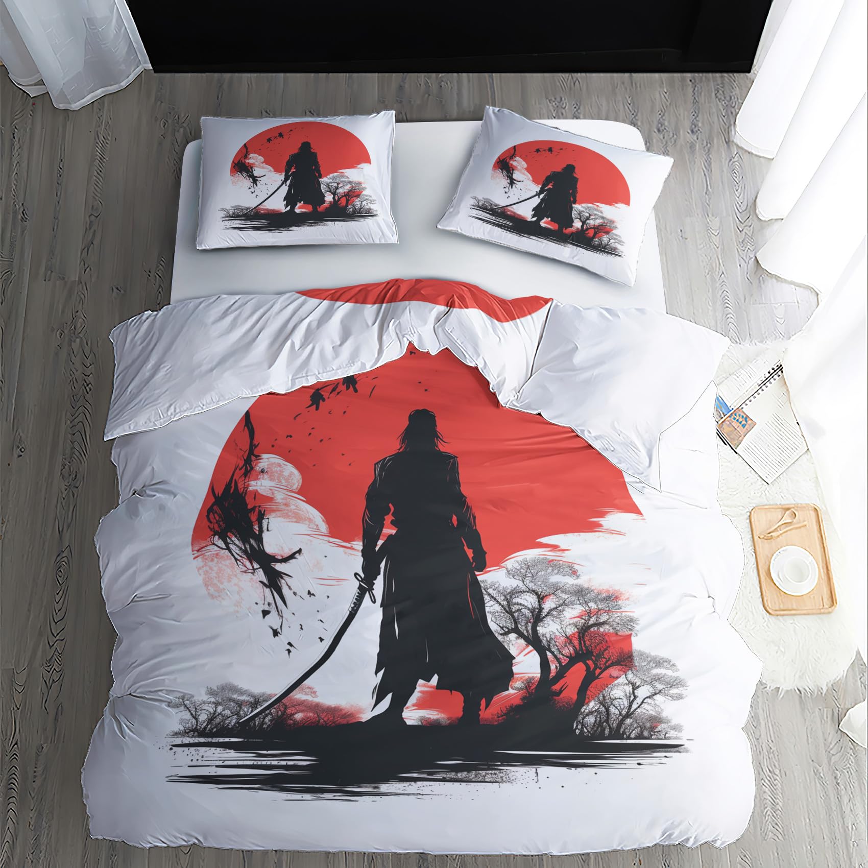 Housse De Couette 220x240 Samouraï Motif Japonais Parure De Lit 2 Personnes En Microfibre Pour Adulte Ado Enfant Avec Fermeture Éclair Et 2 Taies D' Oreiller