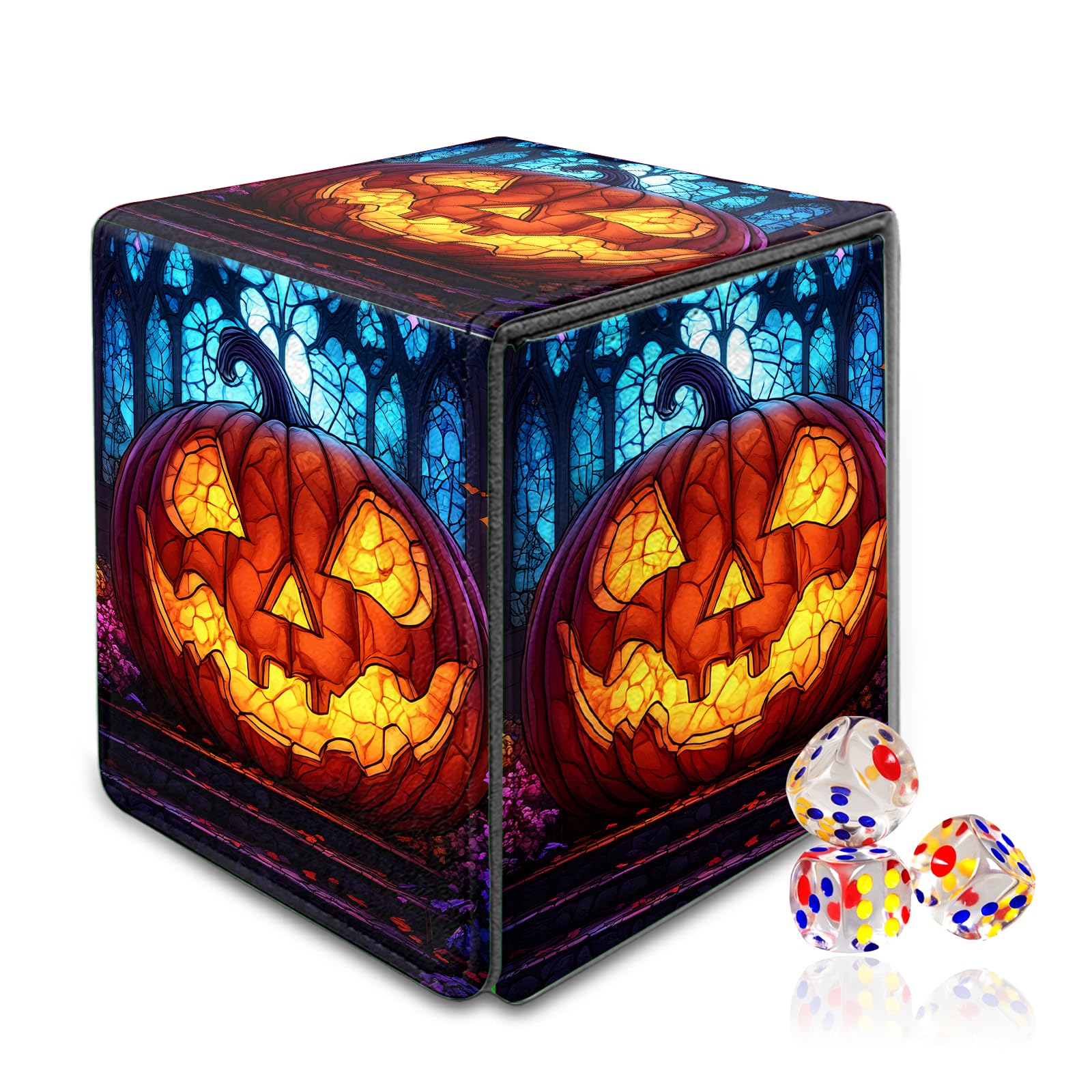VOGDMKJG Trading Card Deck Box Fit 120+ Single Sleeved Cards,PU Leather Magnetic Closure Card Storage Box With 3 Dice For MTG/TCG/PTCG/Magic/Sport Card Storage Case Vertical Design Pumpkin Owner