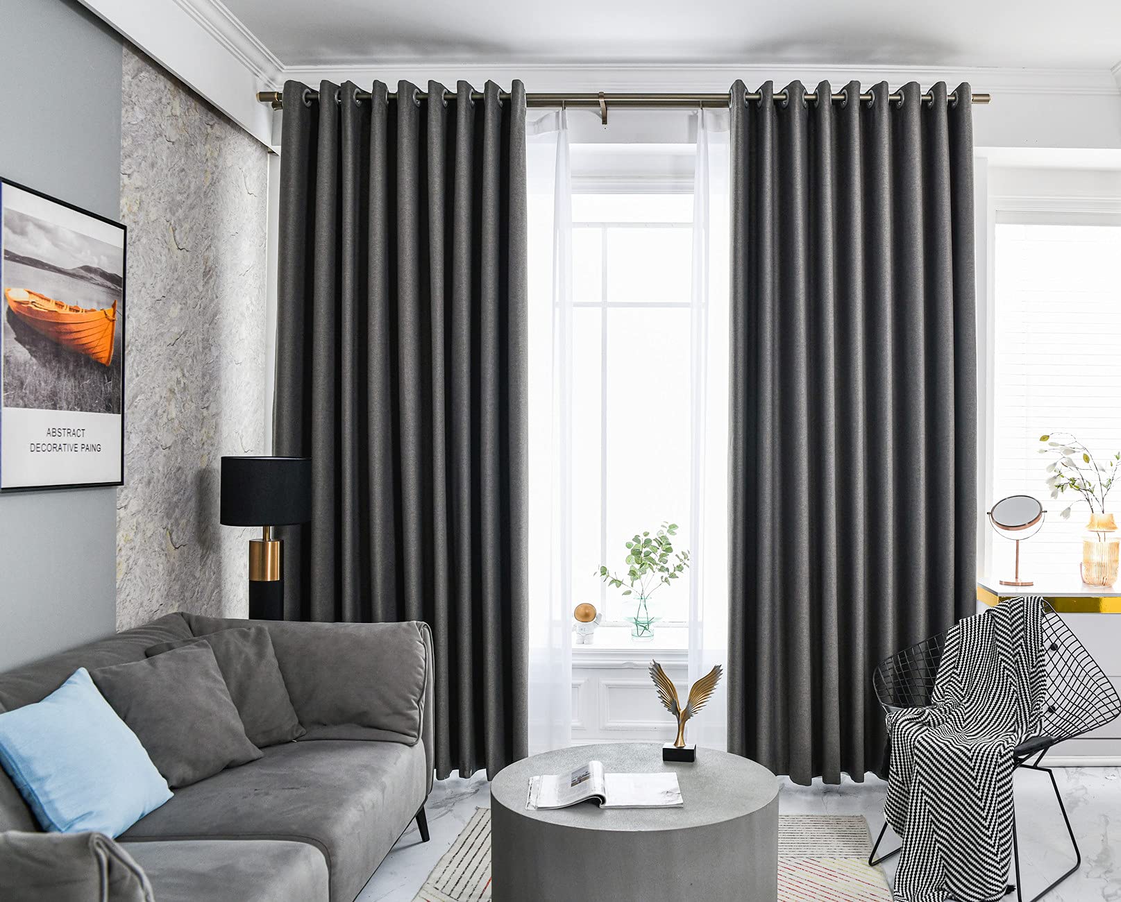 TTSCurtains Blackout 100% Bedroom, Insulated Draperies, Full Shading Curtain Privacy Assured Window Treatment - Thermal Backing Sliding Door Drape 2 pcs (300 W x 270 L cm 2pcs, gray black with hooks)