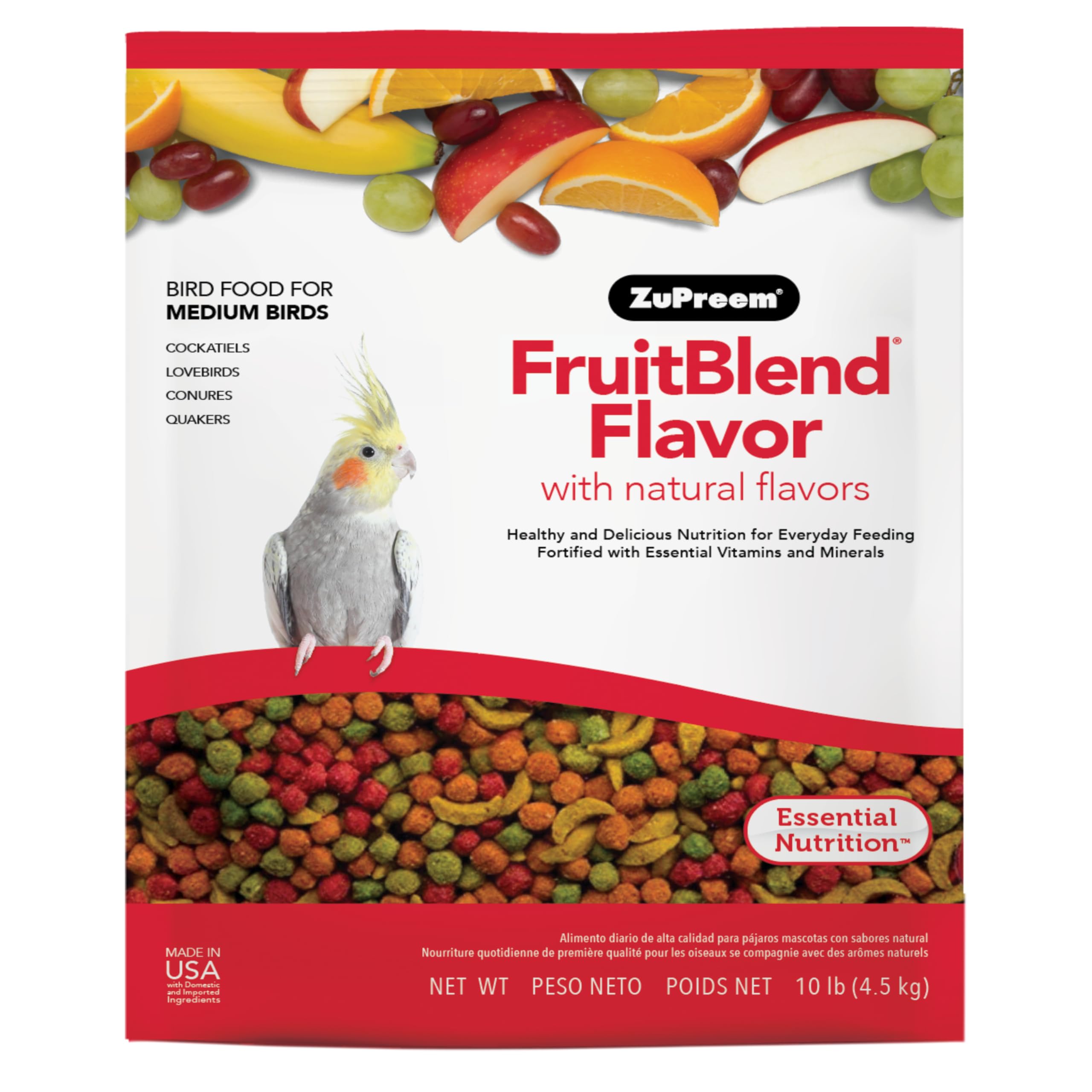 ZuPreem FruitBlend Bird Food, Bird Feed Pellets for Cockatiel, Lovebird, Quaker, Small Conure, Lorikeet, Core Nutrition with Natural Fruit, Cockatiel Food, Conure Feed, (Medium, 10 lb Bag)