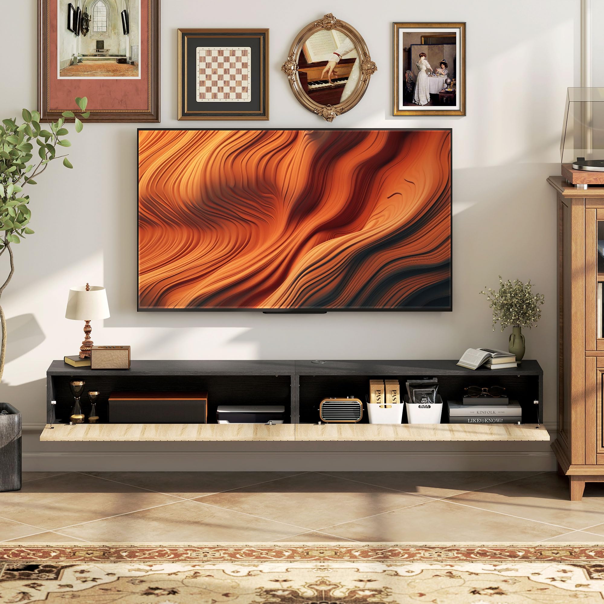 HOMCOM Meuble TV Suspendu Flottant 140 cm, Meuble télé pour téléviseur jusqu'à 72 Pouces avec 2 Portes cannelées rabattables, Banc TV Mural pour Salon, Chambre à Coucher, Bois Naturel et Noir