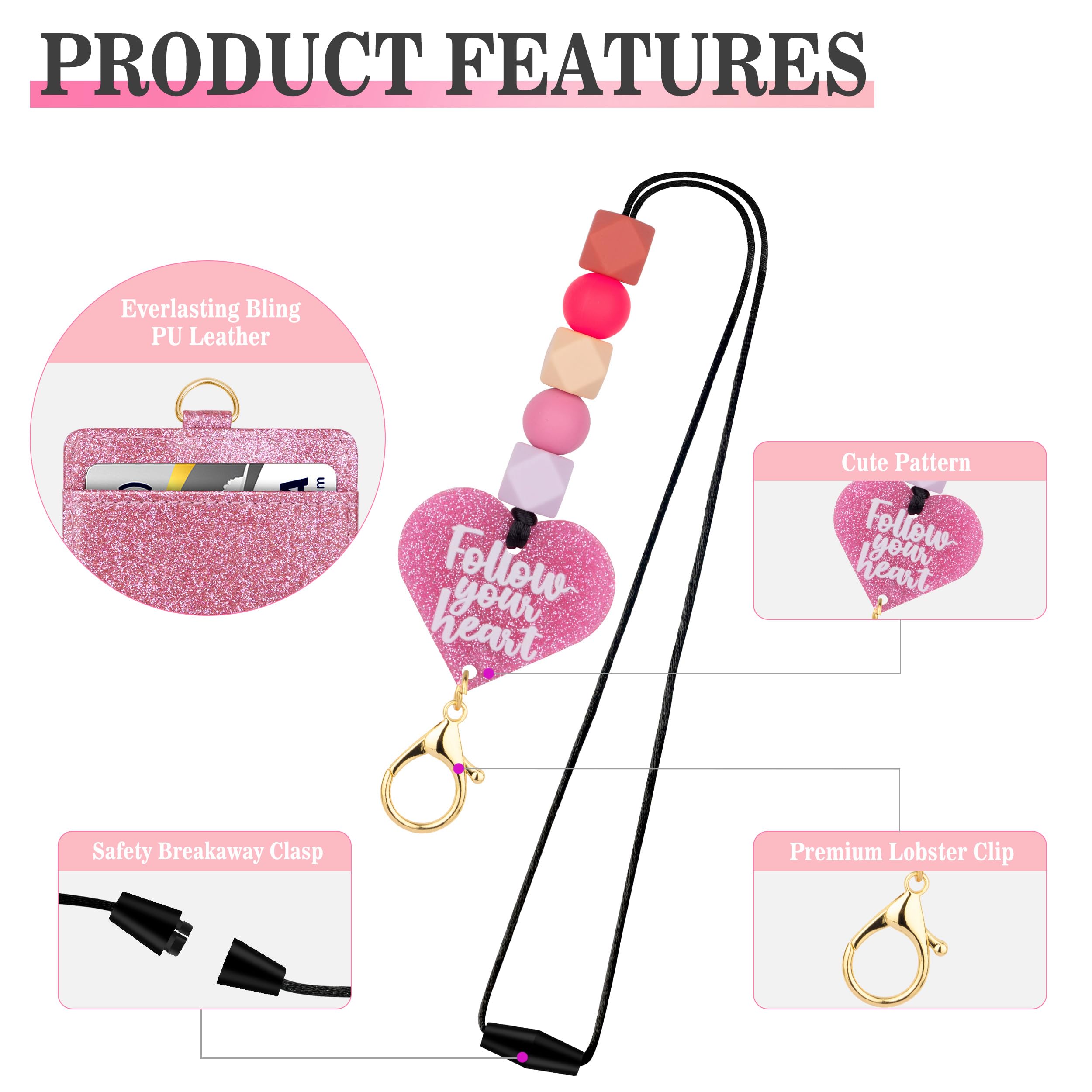 4 Pack Black Lanyards With ID Badge Holders - 4 Pattern Designs For Office, Events & Keys