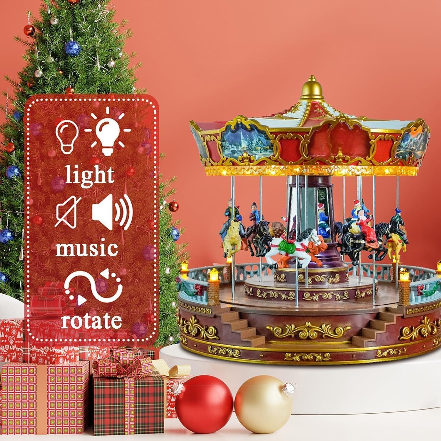 Caja de Navidad giratoria musical con carrusel giratorio, luces LED y música arriba-abajo, encantadora decoración del hogar para festividades navideñas
