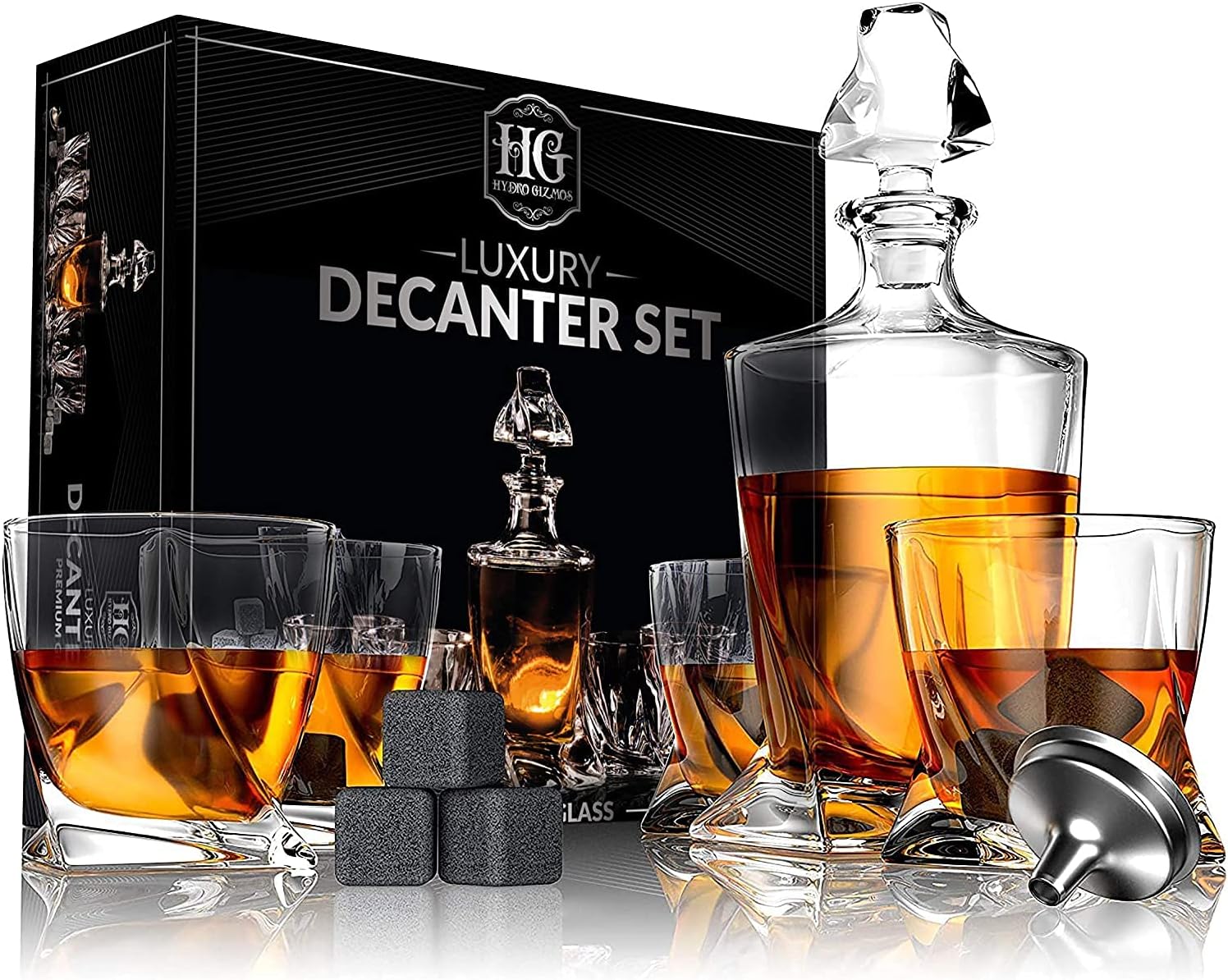 Whiskey Decanter Set for Men with 4 Glasses and 9 Cooling Whisky Stones, Bourbon, Rum, Scotch, Crystal Clear Decanter Sets - Whiskey Gifts for Men Dad Him