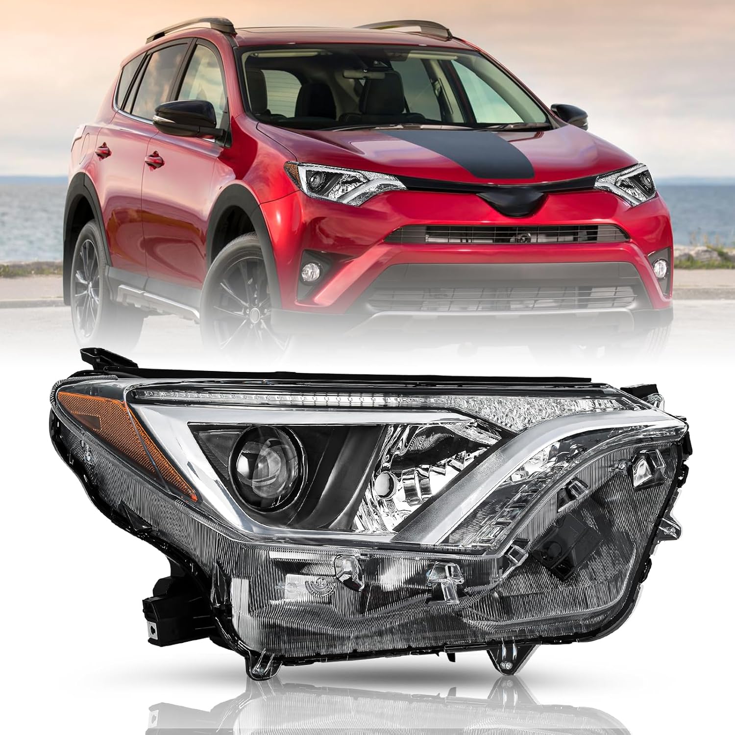 Headlight Assembly w/o LED fits For 2016 2017 2018 Toyota RAV4 16 17 18 Halogen Headlamp Left Driver and Right Passenger Side Black Housing with Amber Reflector