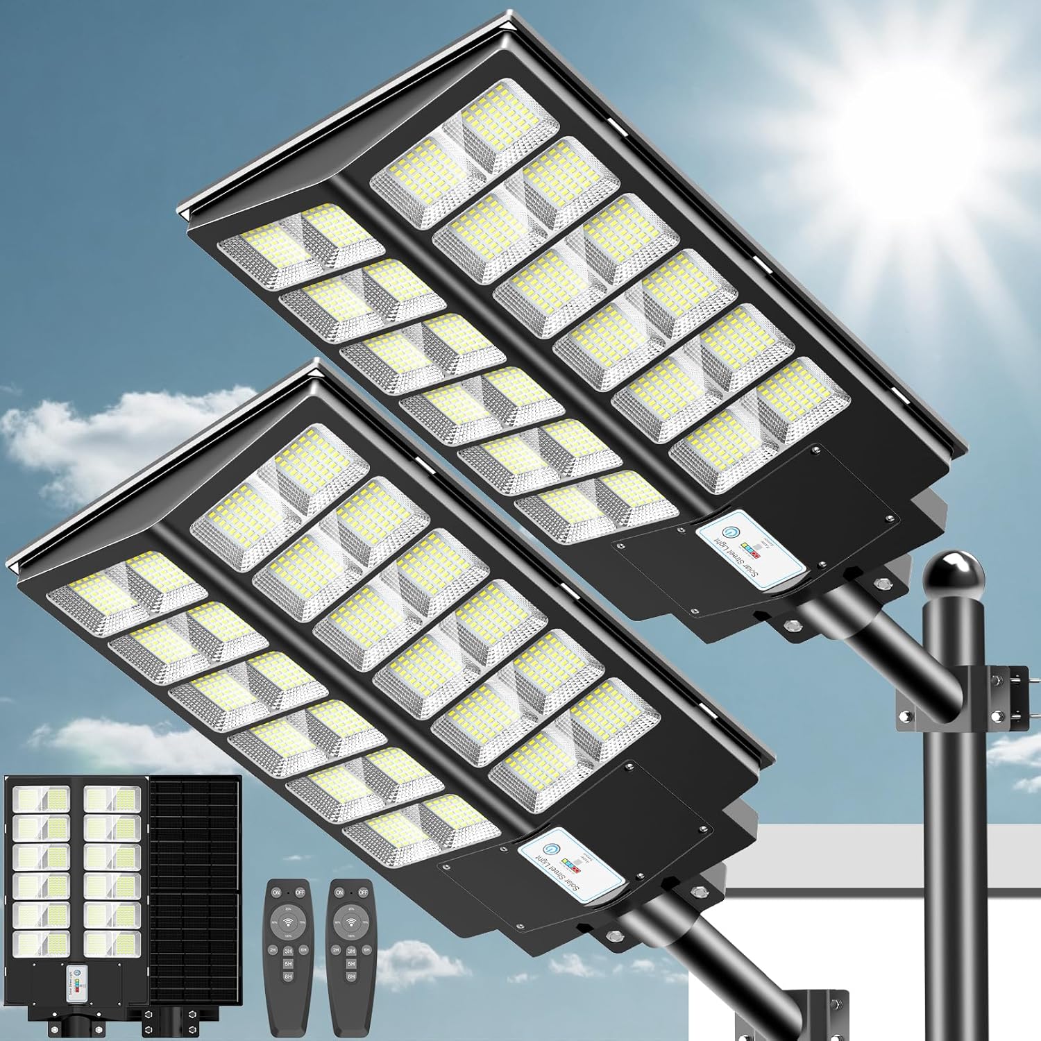 8200W Solar Street Light Outdoor, Dusk to Dawn Solar Flood Lights Outdoor Motion Sensor with Remote Control Arm Bracket for Parking Lot, Garage, Street, 2 Pack