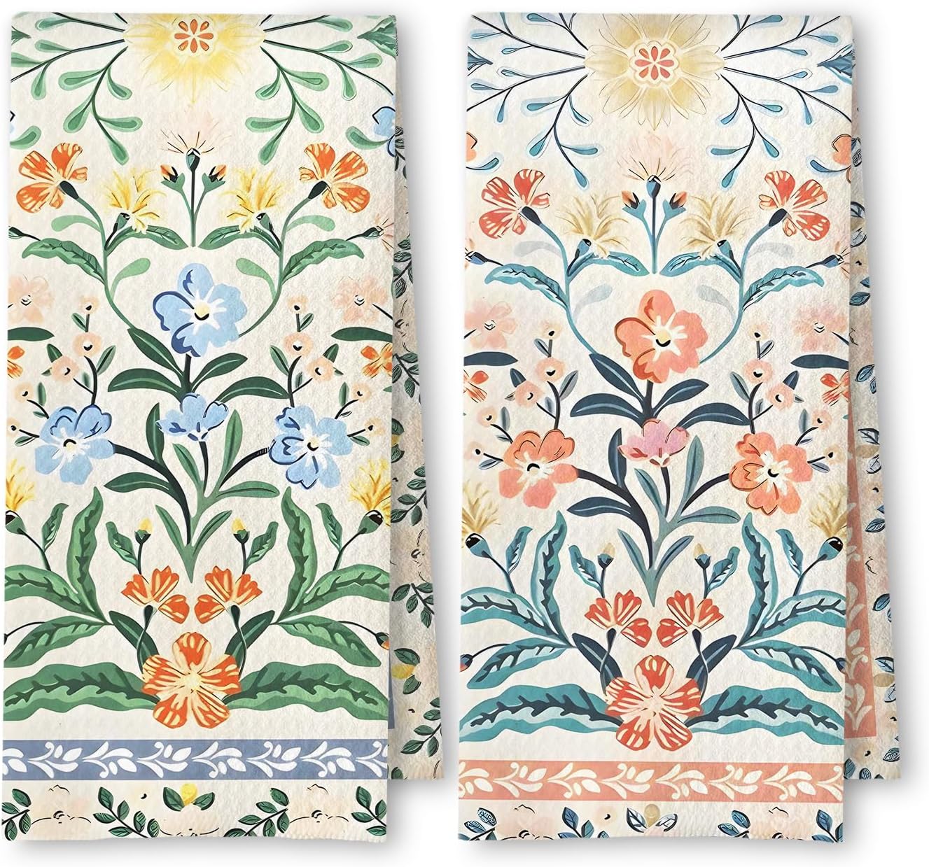 Vintage Boho Floral Kitchen Towels Set of 2, Retro Oriental Traditional Flower Dish Tea Towels for Kitchen Decor, Pink and Blue Floral Decorative Hand Towels for Bathroom Decor, 16x24 in