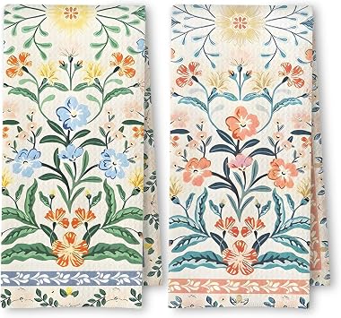 Vintage Boho Floral Kitchen Towels Set of 2, Retro Oriental Traditional Flower Dish Tea Towels for Kitchen Decor, Pink and Blue Floral Decorative Hand Towels for Bathroom Decor, 16x24 in