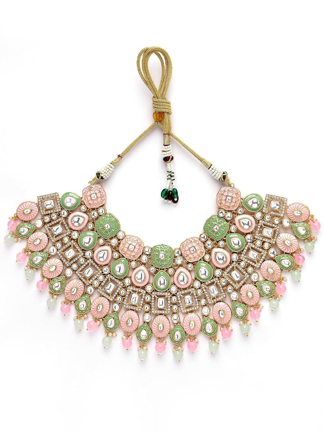 Karatcart Gold Plated Lime Green and Pink Enamel Traditional Kundan Dulhan Bridal Jewellery Set