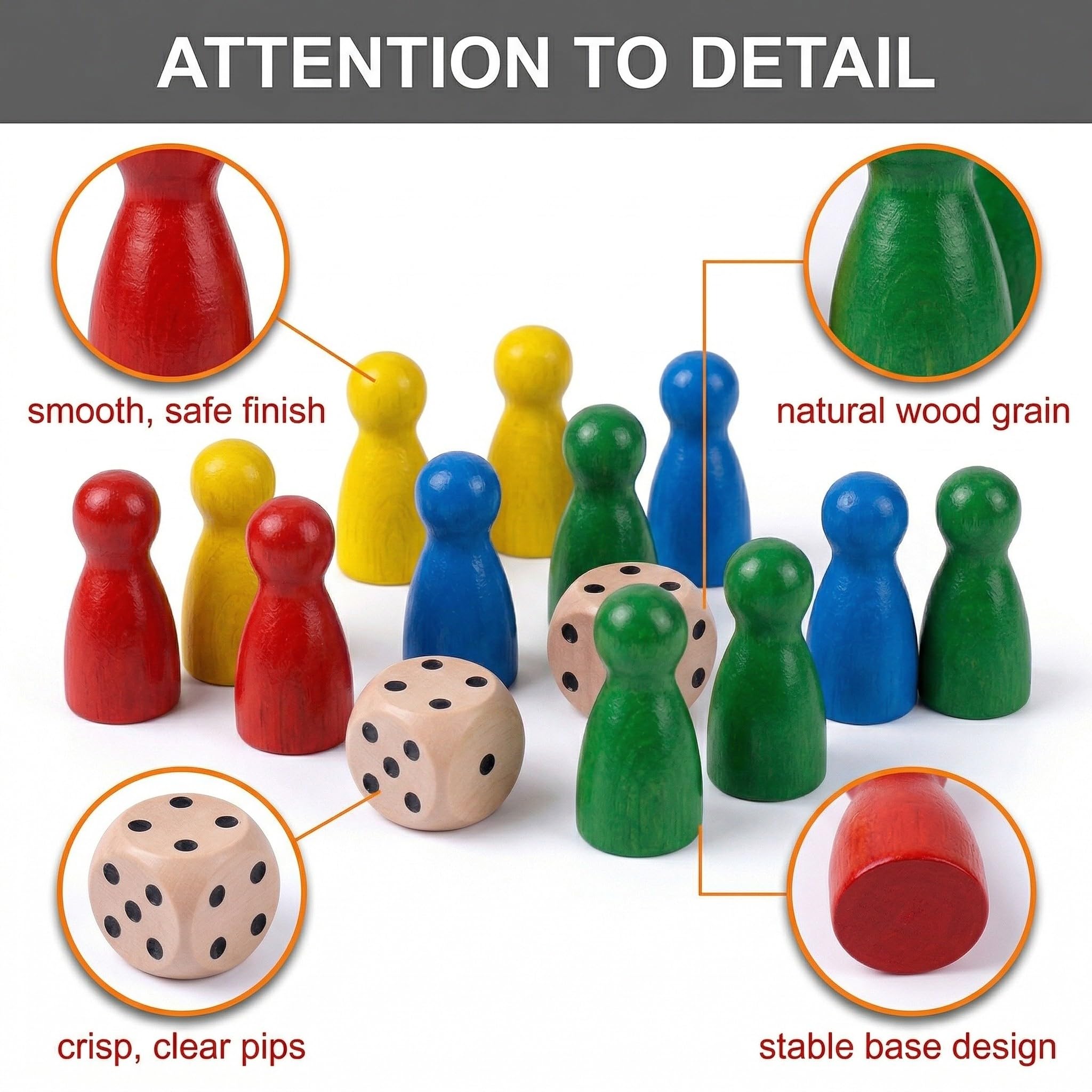 48PCS Pedine Gioco da Tavolo + 6PCS Dadi Dadi da Gioco in legno, Set di Pedine Colorate Personaggi Cono in Legno per Giochi Tavolo, Adatto ai bambini, Dadi da Gioco 14 mm