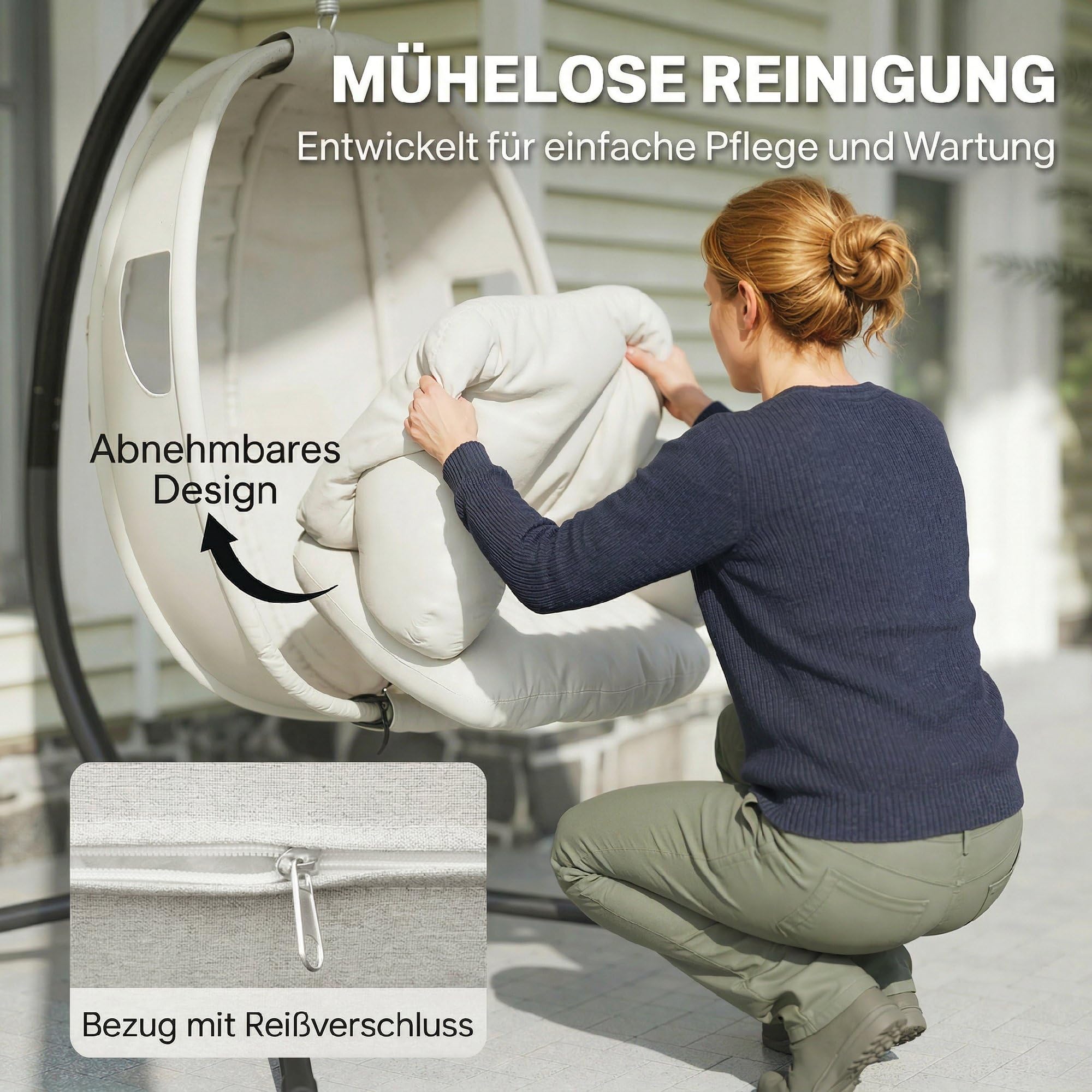 Outsunny Hängesessel mit Gestell Faltbarer Hängekorb 120 kg Hellgrau | Dicke Sitzpolster, Verstellbare Höhe, Sicherheitsgurt, Eiförmige Hängeschaukel, Schaukelsessel, Indoor Outdoor Garten