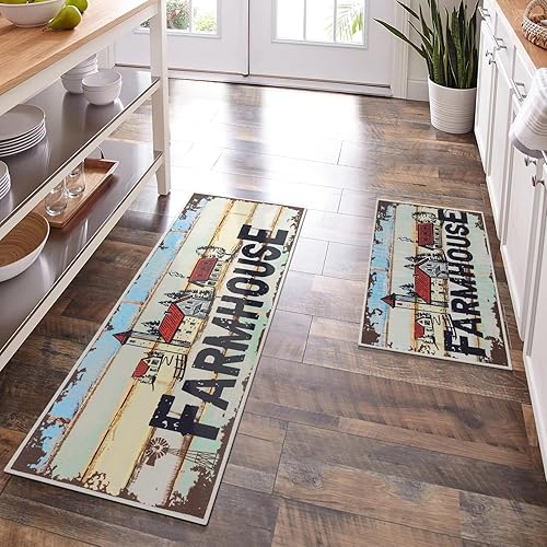 Carvapet Juego de 2 alfombras y tapetes de cocina de granja 17 x 48 pulgadas + 17 x 24 pulgadas, lavables, antideslizantes, tapete pequeño para