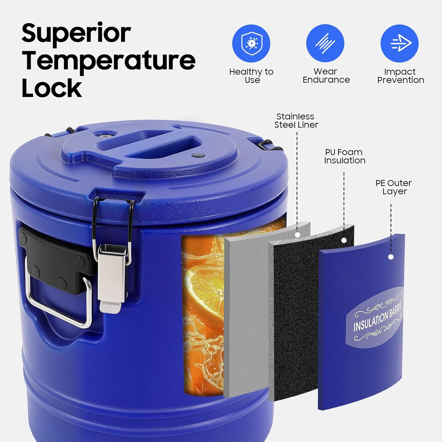 DYNAMI 3.8 Gal Insulated Food Container, Portable Commercial Food Warmer Insulated Soup Container Cold Hot Box for Catering,Stainless Steel Inner Liner, Sealed and Leak-proof (Blue, 3.8 Gal)
