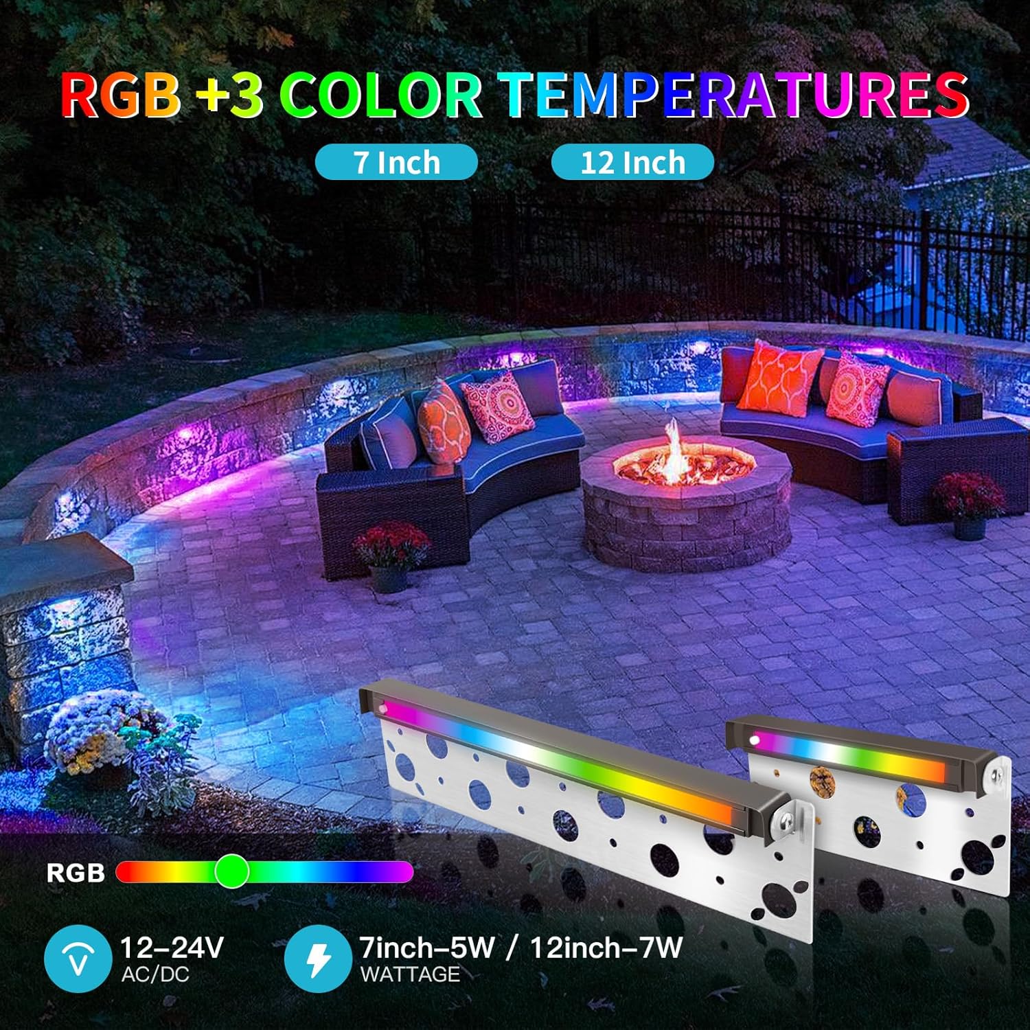 4 Pack 7 Inch Retaining Wall Lights,5W LED Hardscape Lighting,200LM RGB Color Changing Outdoor Step Lights,IP65 Waterproof 12V-24V Low Voltage Landscape Lights For Patio Walls Stairs, ETL Certified