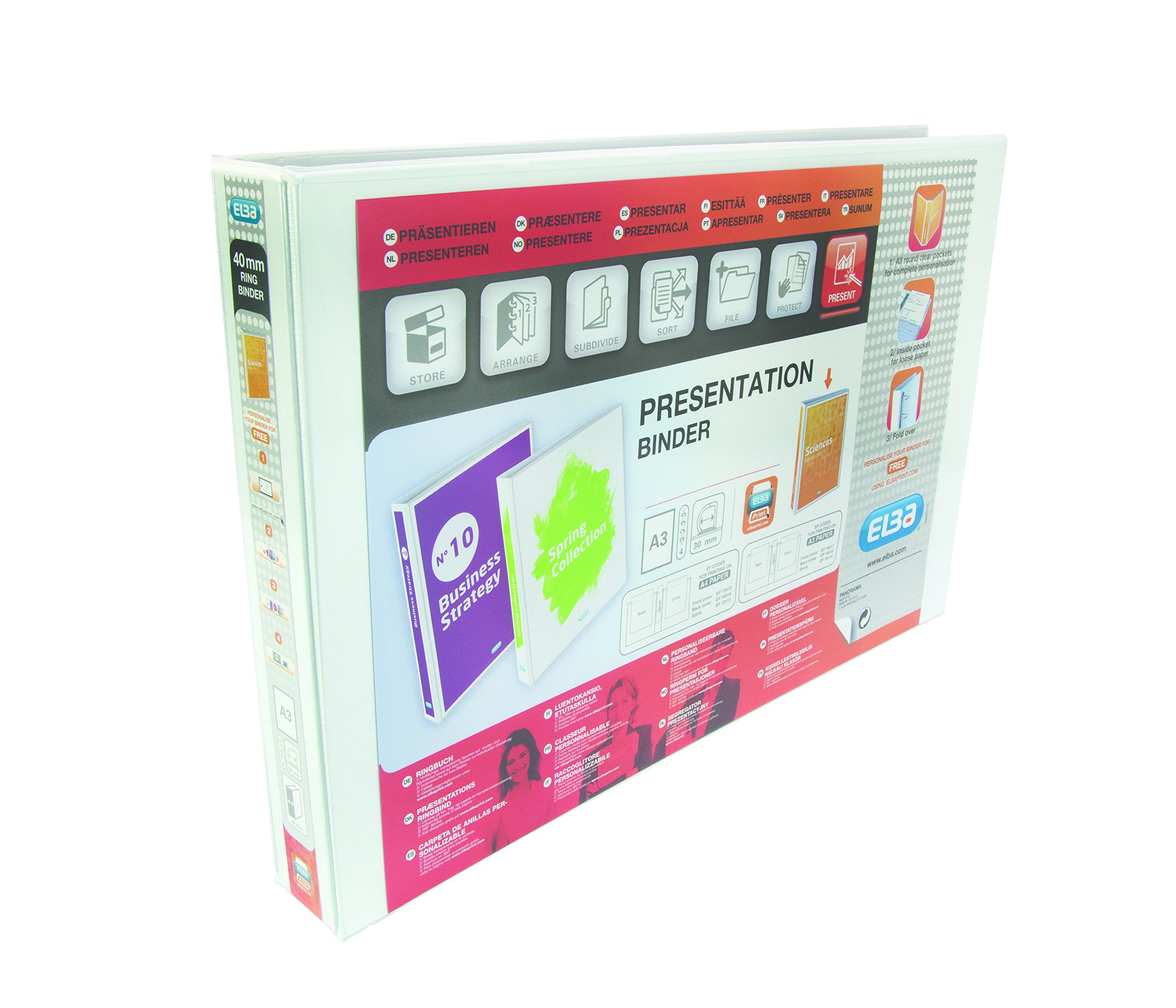 Elba A3 4 D-Ring Binder, 30mm capacity, 35mm spine, Presentation Folder with Customisable Cover, Landscape, White (Single)