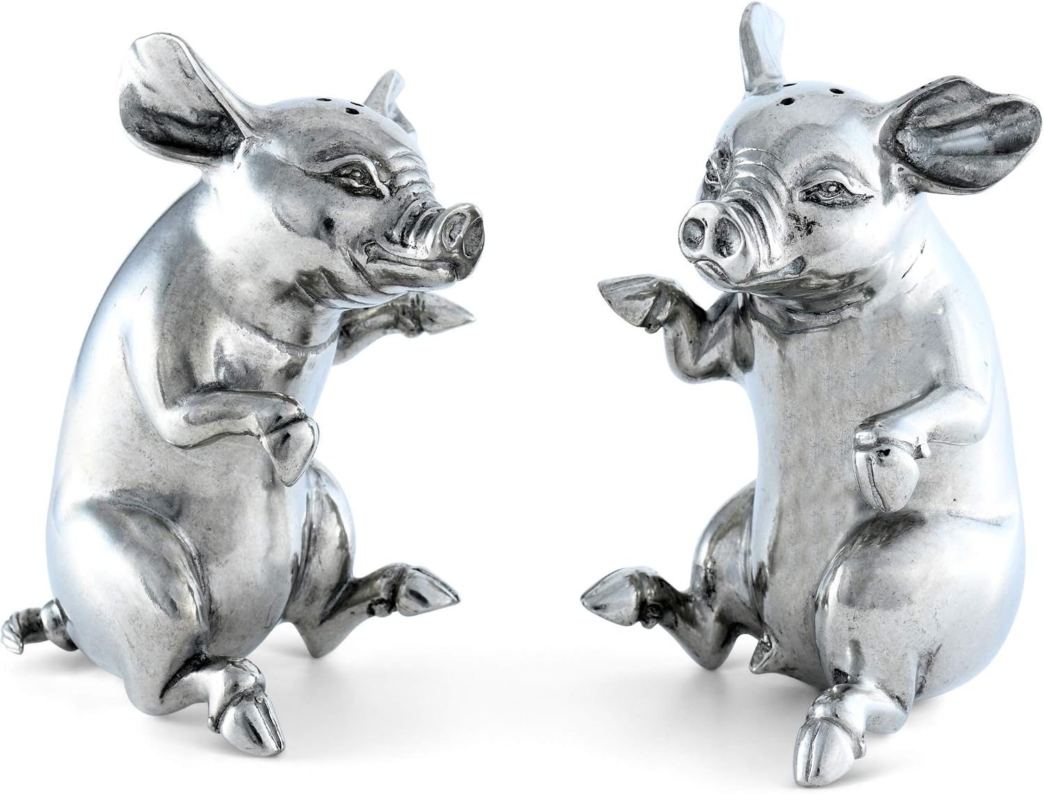 Vagabond House Happy Pewter Pigs Metal Salt and Pepper Shaker Set 4 inch Tall