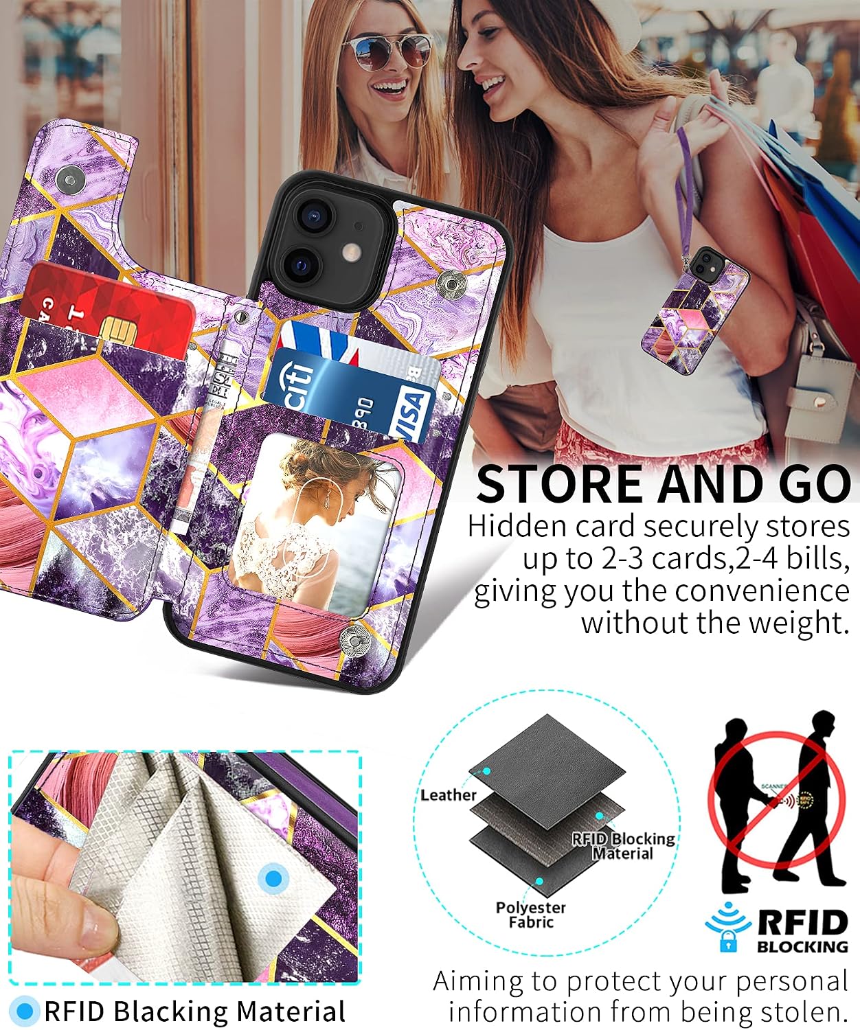 CASEOWL Compatible with iPhone 12 Case iPhone 12 Pro Wallet Case [Support Magnetic Car Mount] with Card Holder,RFID Blocking,Kickstand,Wrist Strap,Marble Pattern Leather Lanyard Wallet Case, Purple