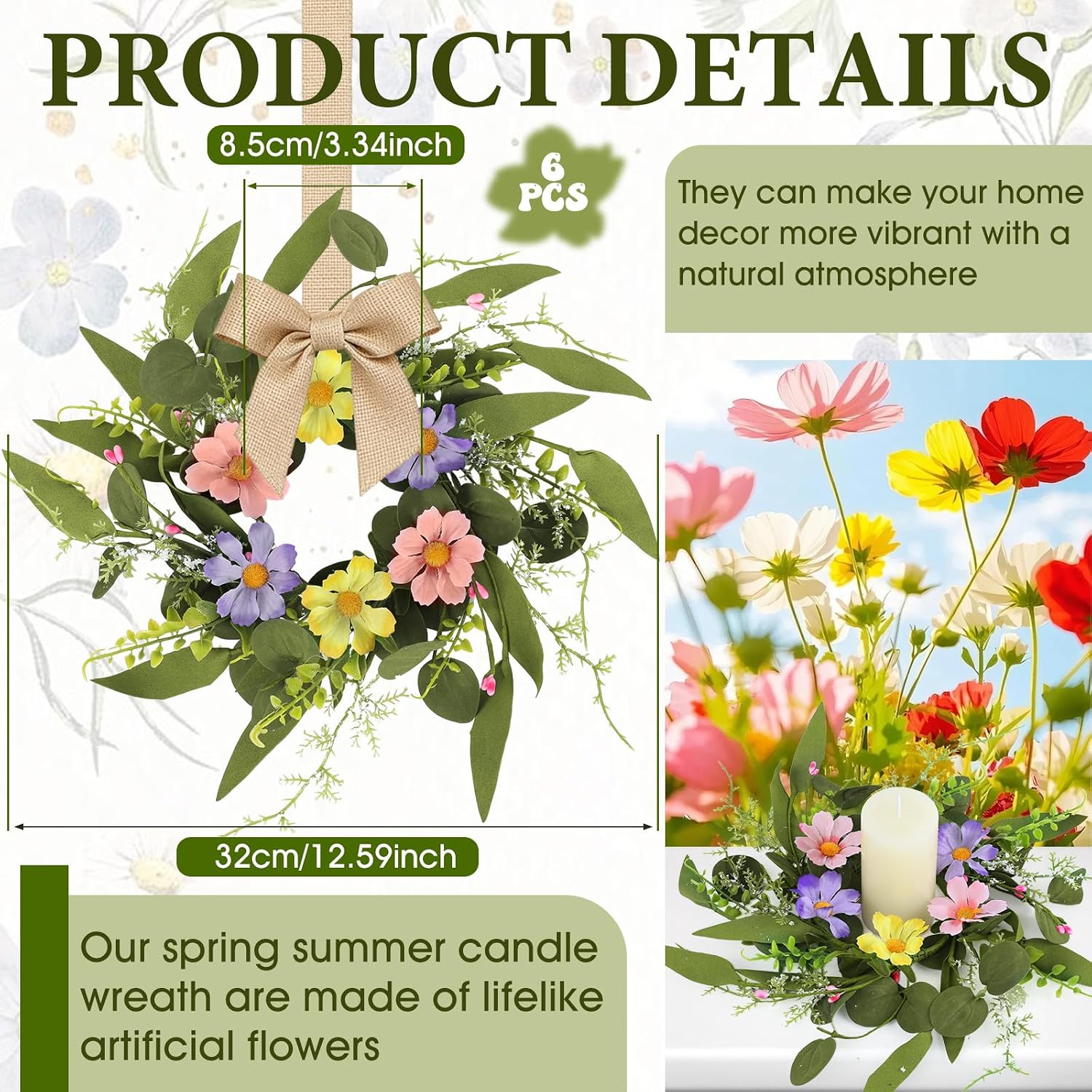 6 pcs small spring summer hanging wreaths for cabinets with pink purple yellow daisy flowers and eucalyptus leaves mini candle ring wreath for home kitchen front door window porch wall wedding decor spring flower wreath 6